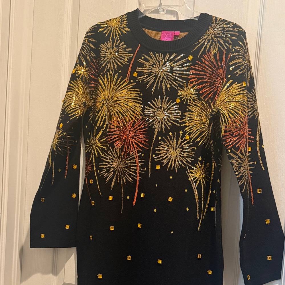 New Year’s Eve Queen of Sparkles Black midi Sweater dress with Firework Design